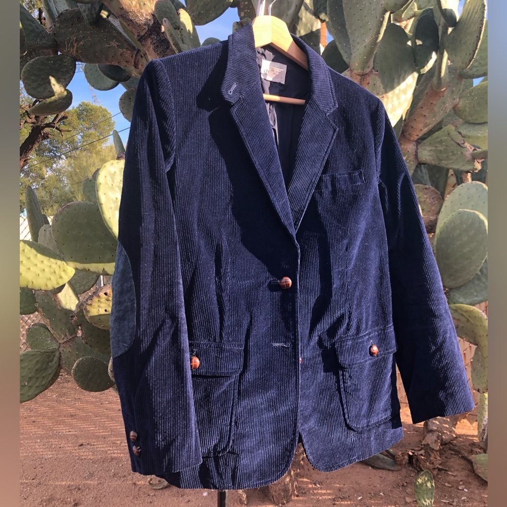 Navy corduroy blazer with natty leather elbow patches